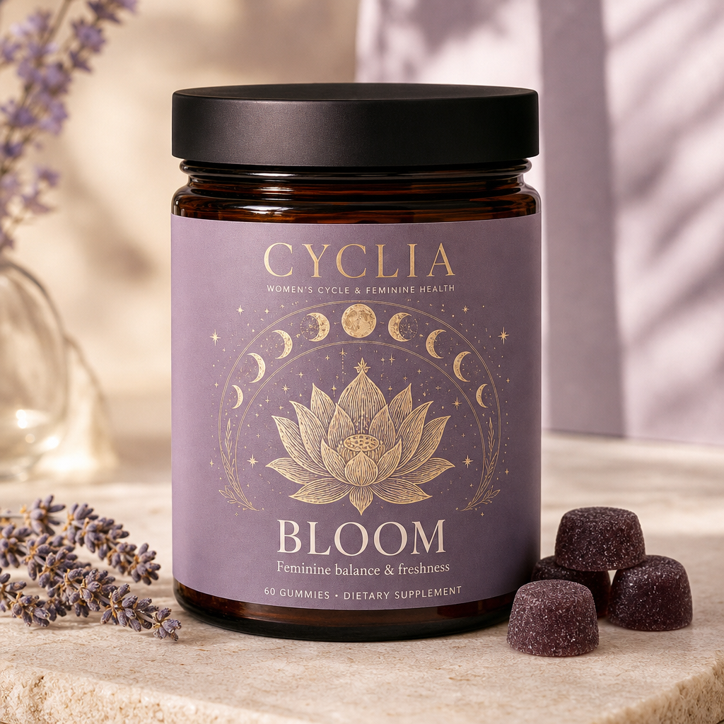 A jar of Cyclia Bloom mixed-berry feminine balance gummies